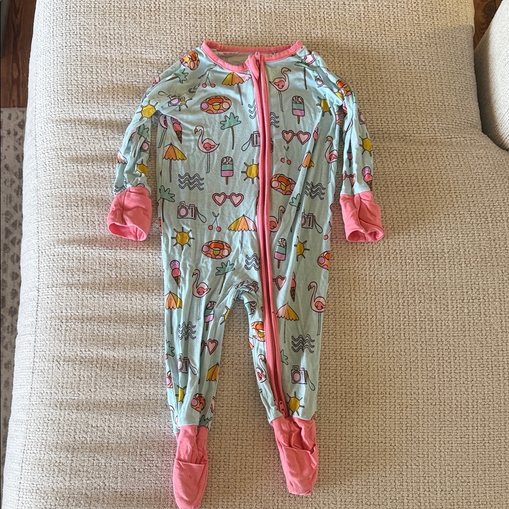 Baby One-Piece Footed Sleeper in Light Blue with Pink Trim Bamboo